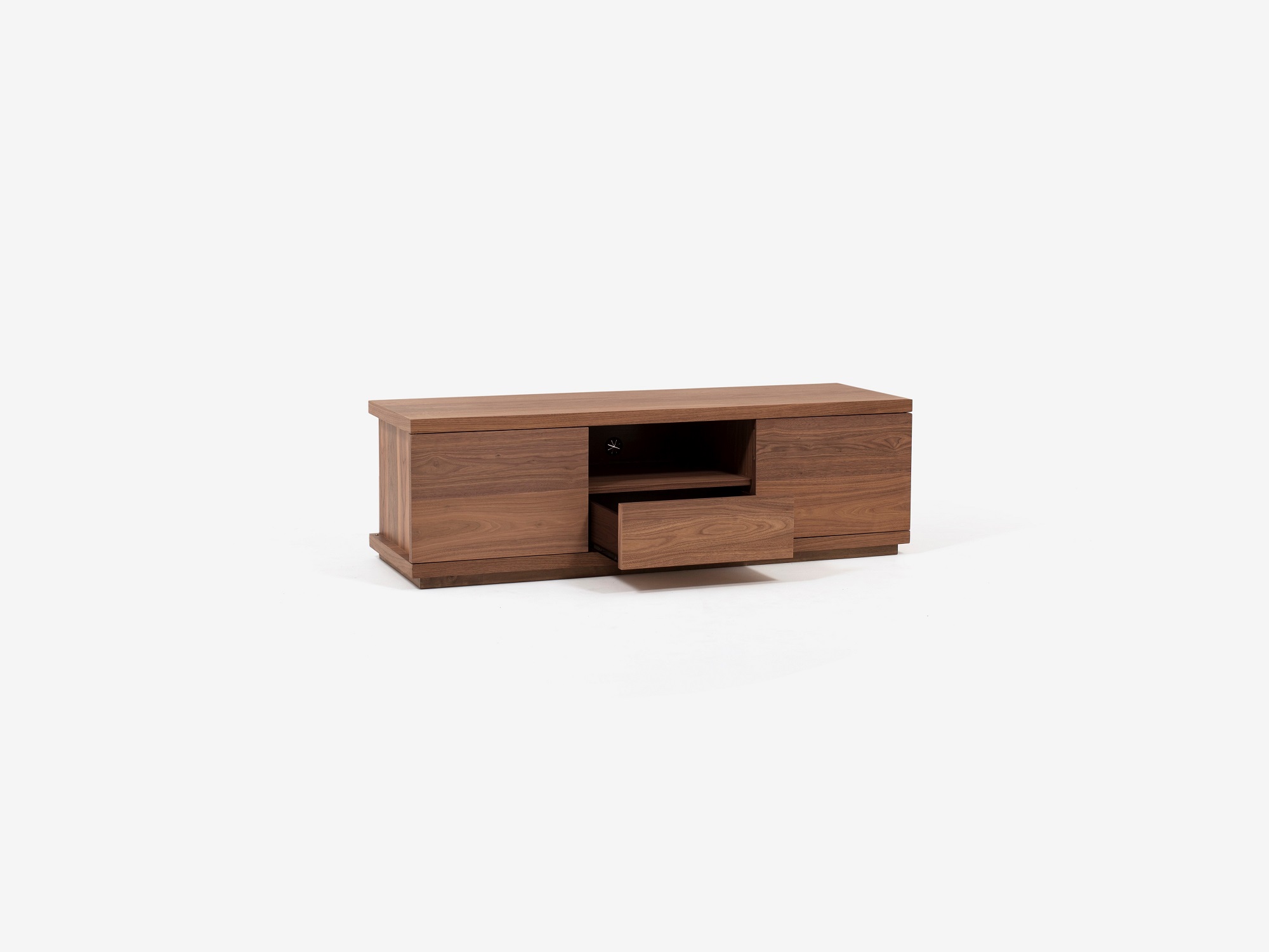 Angled view of the Boom media media console with drawer open